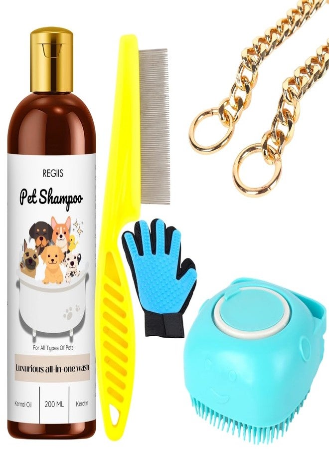 مجموعة ريجيس للعناية بالحيوانات الأليفة مع شامبو، وقفاز لإزالة الشعر الزائد، ومشط للبراغيث، وفرشاة سيليكون، وسلسلة ذهبية للكلاب والقطط، ومجموعة تنظيف متكاملة مع زيت الكيراتين (عبوة من 5 قطع) - Image 1